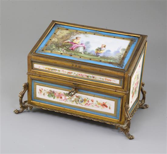 A 19th century French ormolu mounted Sevres style porcelain stationery casket, width 11.5in. height 8in. depth 7in.